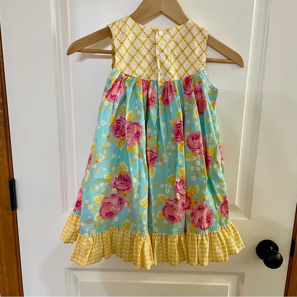 Eleanor Rose Floral Blue and Yellow Kids Dress with matching bow. - Picture 5 of 8